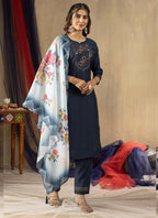 Prazu Fashion Blue Viscose Mango Silk Embroidered Thread Work Kurta Set - Distacart