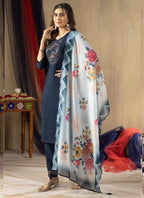Prazu Fashion Blue Viscose Mango Silk Embroidered Thread Work Kurta Set - Distacart