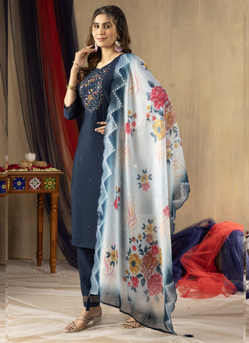 Prazu Fashion Blue Viscose Mango Silk Embroidered Thread Work Kurta Set - Distacart