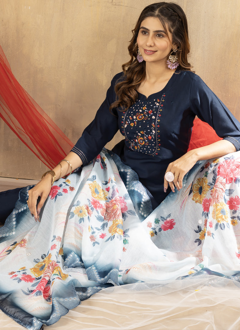 Prazu Fashion Blue Viscose Mango Silk Embroidered Thread Work Kurta Set - Distacart