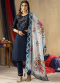 Prazu Fashion Blue Viscose Mango Silk Embroidered Thread Work Kurta Set - Distacart