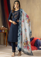 Prazu Fashion Blue Viscose Mango Silk Embroidered Thread Work Kurta Set - Distacart