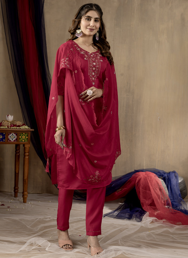Prazu Fashion Rani Pink Roman Silk Thread Embroidered Designer Kurta Set - Distacart