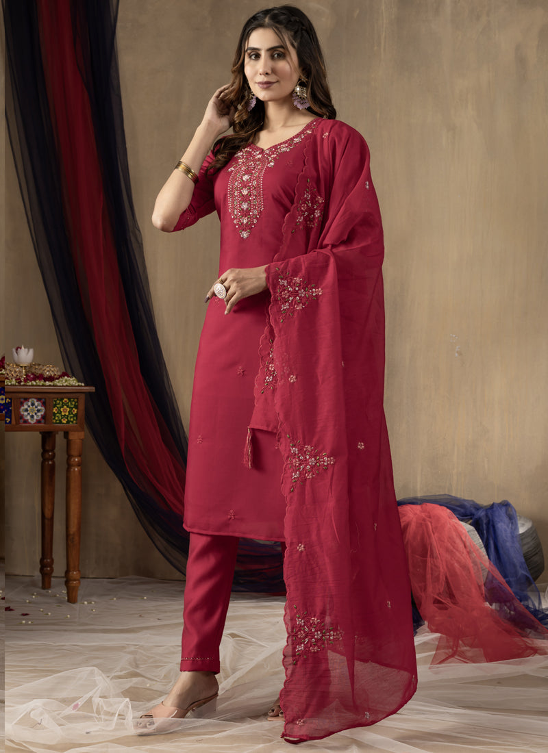 Prazu Fashion Rani Pink Roman Silk Thread Embroidered Designer Kurta Set - Distacart