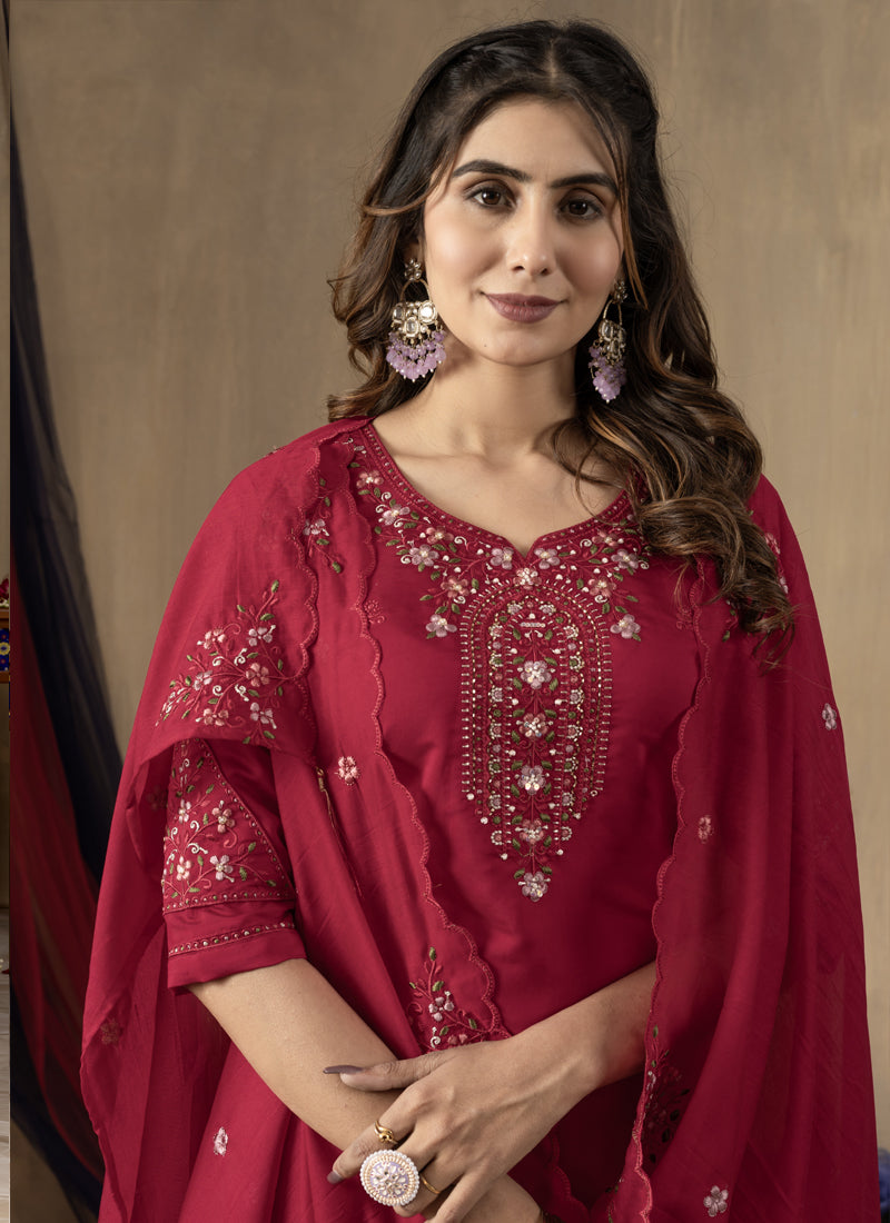 Prazu Fashion Rani Pink Roman Silk Thread Embroidered Designer Kurta Set - Distacart