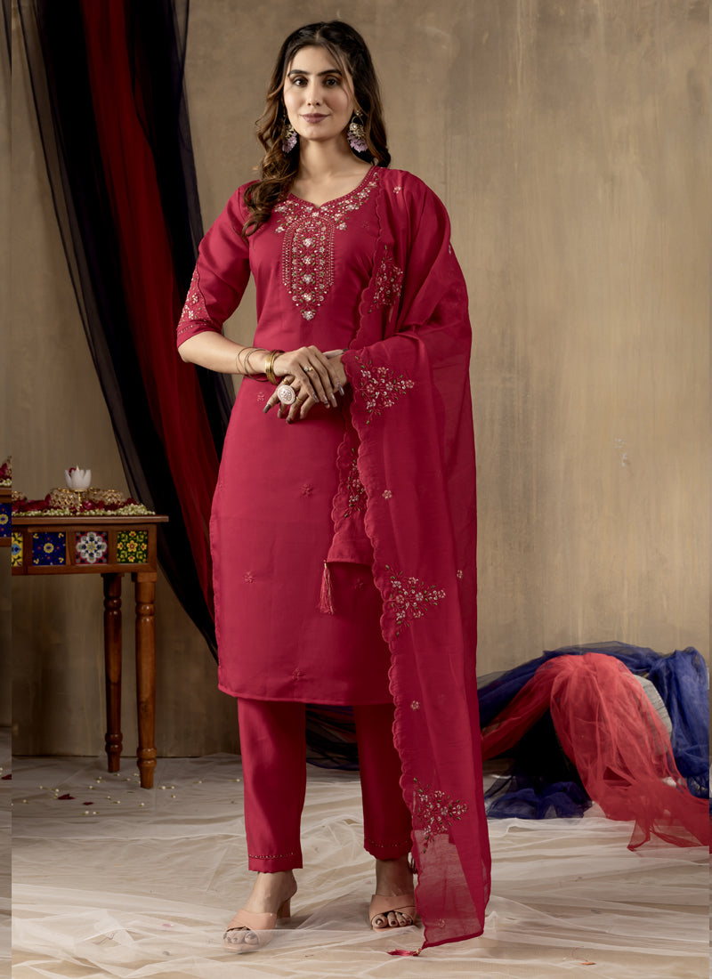 Prazu Fashion Rani Pink Roman Silk Thread Embroidered Designer Kurta Set - Distacart