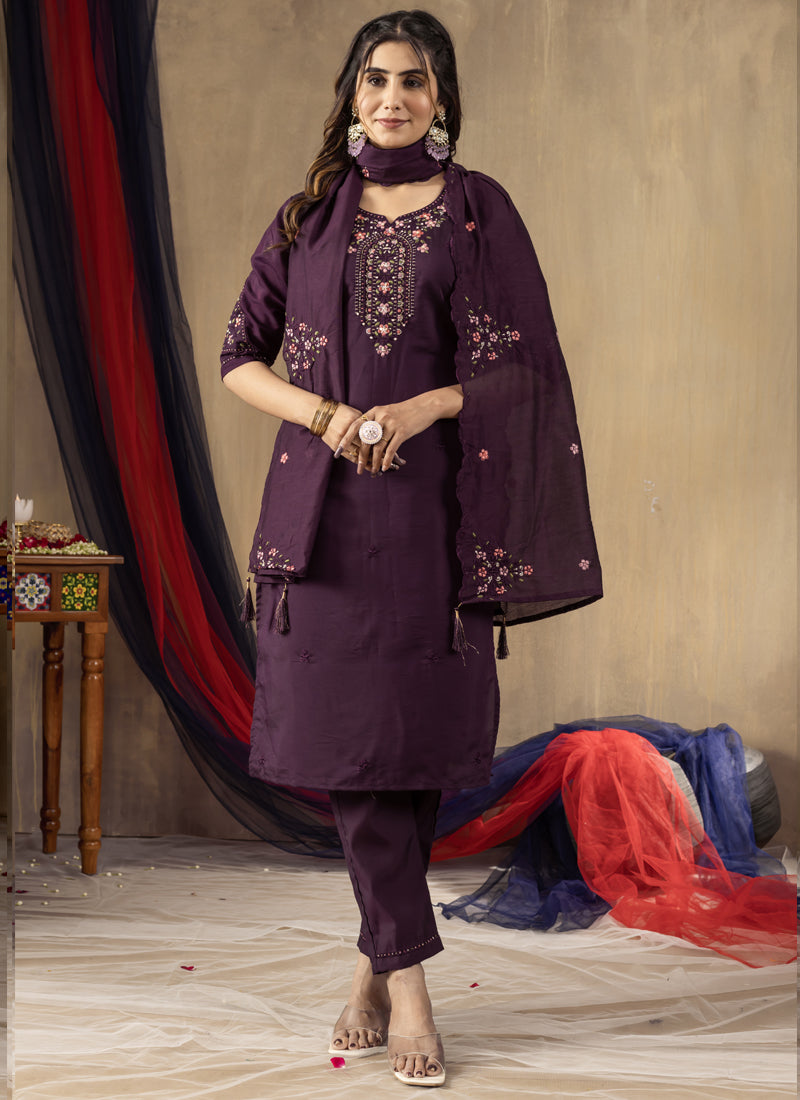 Prazu Fashion Wine Roman Silk Thread Embroidered Designer Kurta Set - Distacart