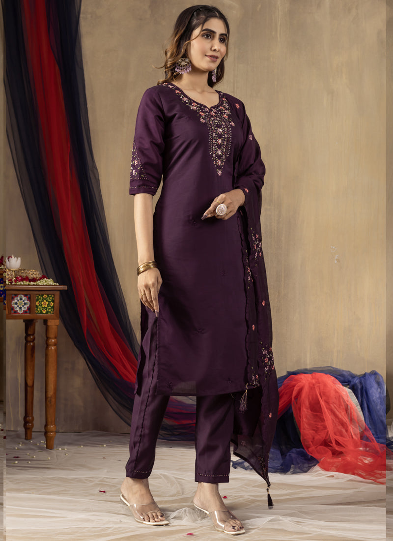 Prazu Fashion Wine Roman Silk Thread Embroidered Designer Kurta Set - Distacart