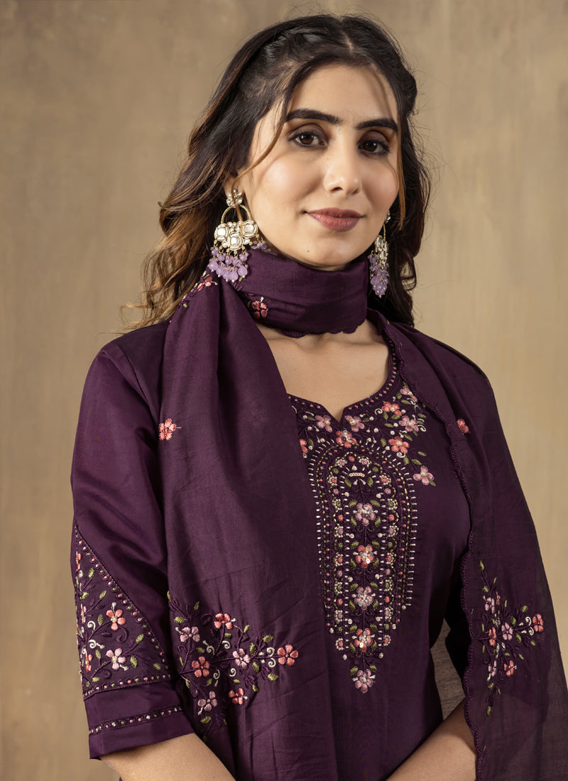 Prazu Fashion Wine Roman Silk Thread Embroidered Designer Kurta Set - Distacart