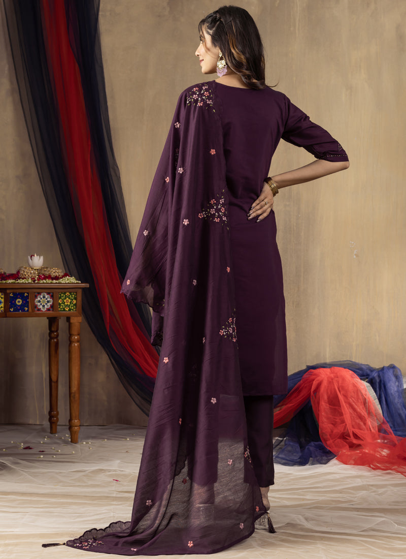 Prazu Fashion Wine Roman Silk Thread Embroidered Designer Kurta Set - Distacart