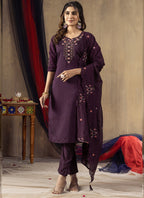 Prazu Fashion Wine Roman Silk Thread Embroidered Designer Kurta Set - Distacart