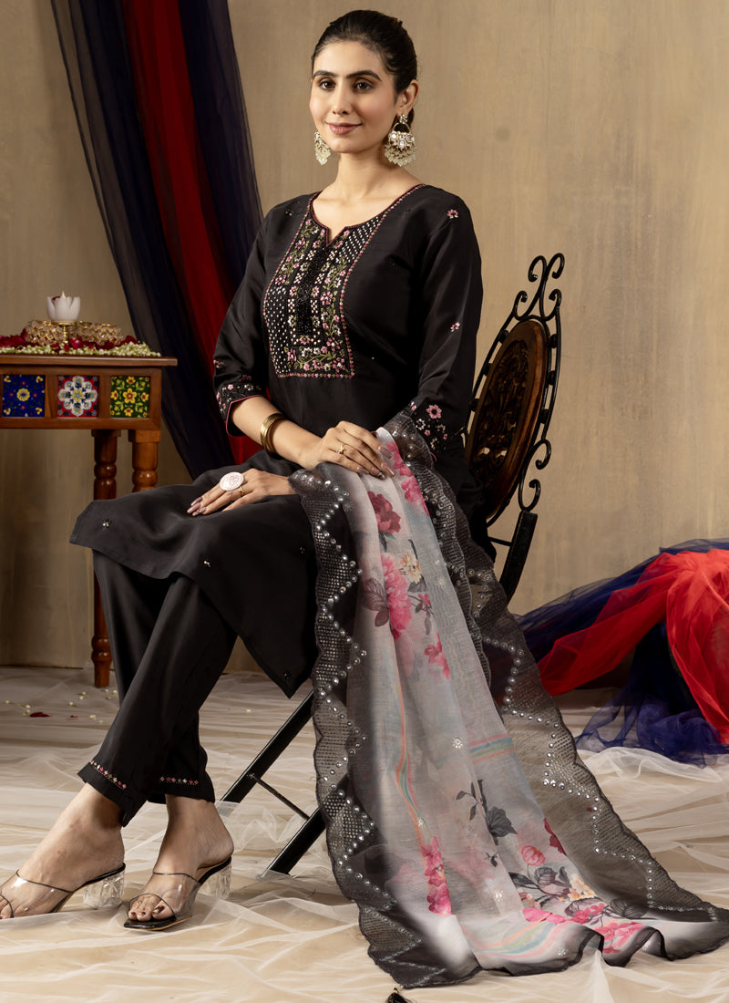 Prazu Fashion Black Roman Silk Thread Embroidered Designer Kurta Set - Distacart