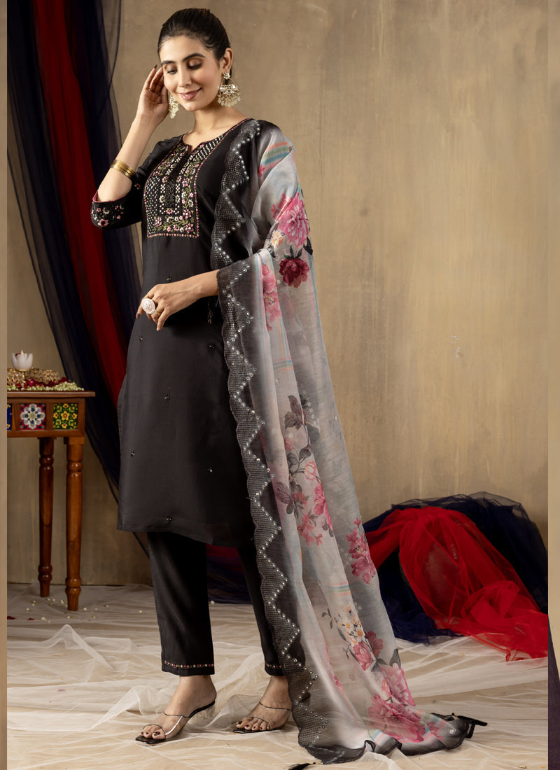 Prazu Fashion Black Roman Silk Thread Embroidered Designer Kurta Set - Distacart