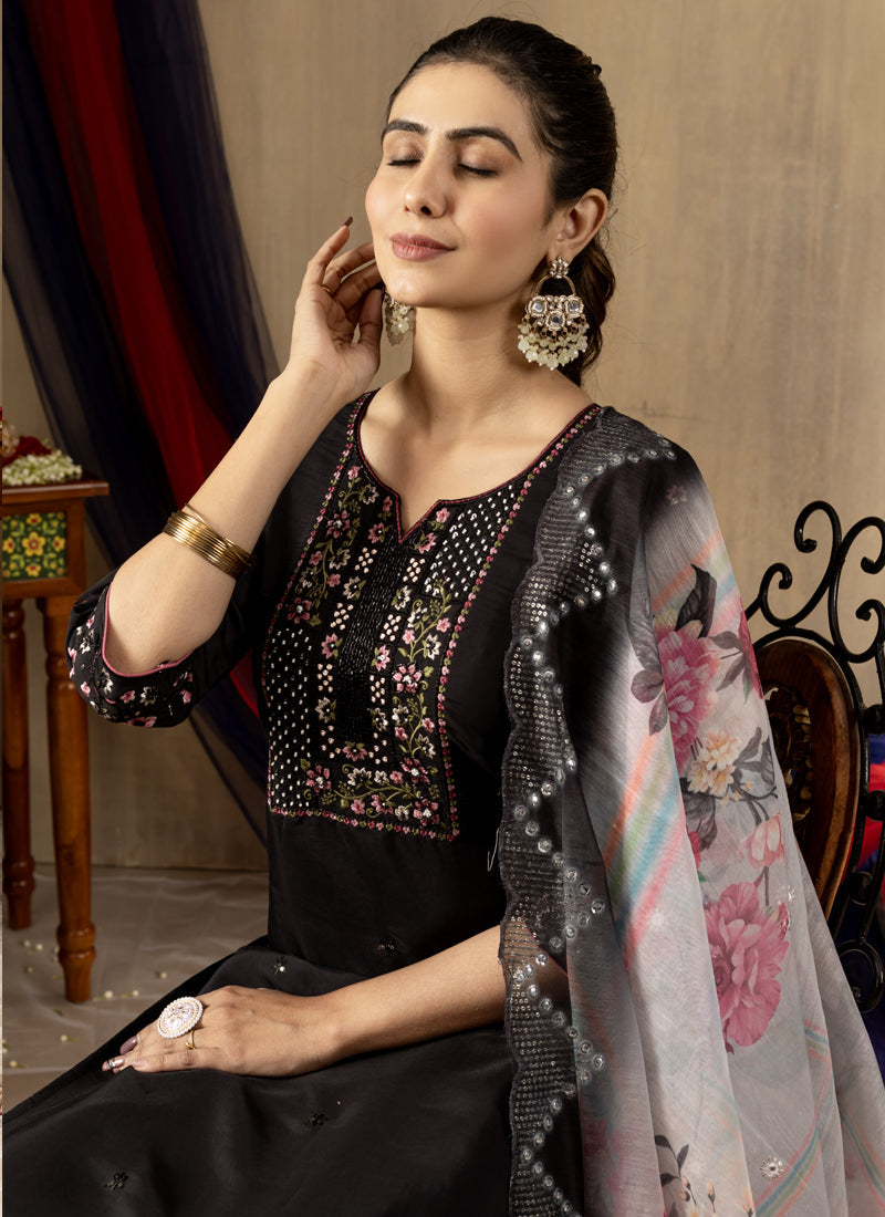 Prazu Fashion Black Roman Silk Thread Embroidered Designer Kurta Set - Distacart