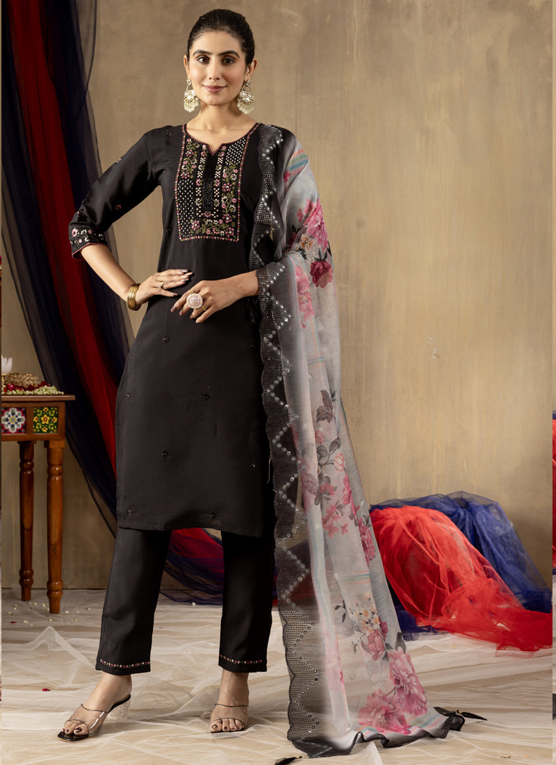 Prazu Fashion Black Roman Silk Thread Embroidered Designer Kurta Set - Distacart