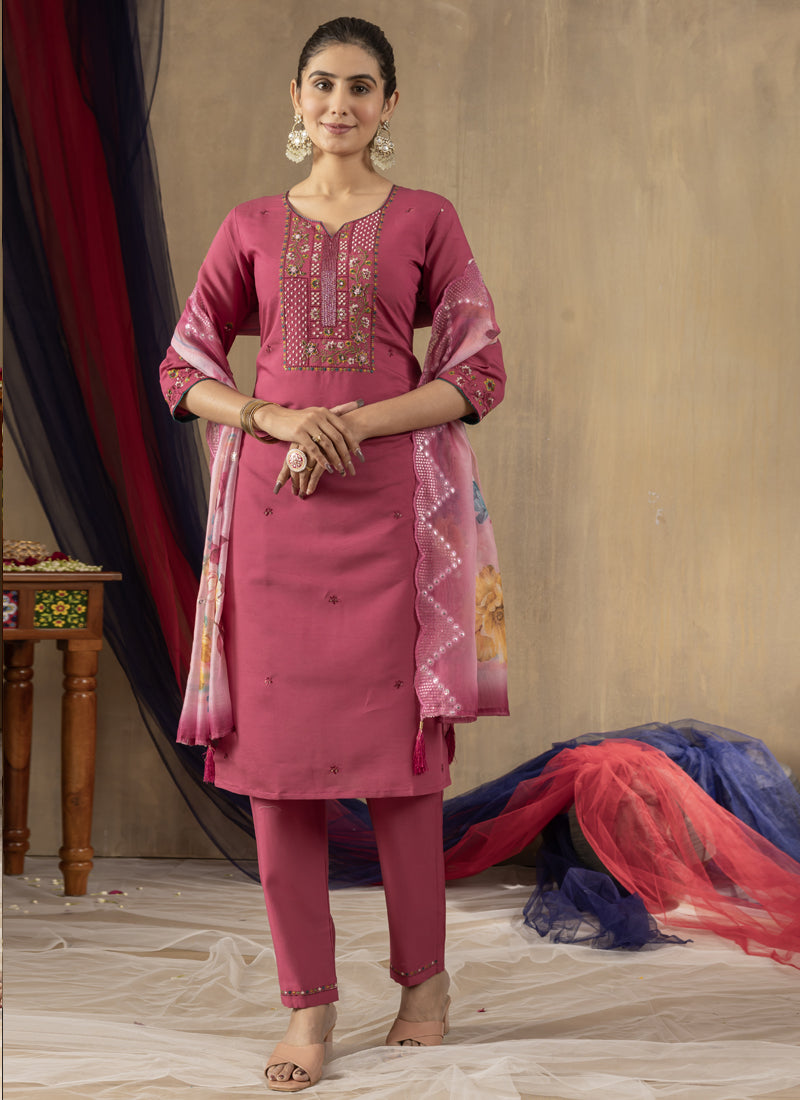 Prazu Fashion Onion Pink Roman Silk Thread Embroidered Designer Kurta Set - Distacart
