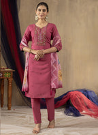 Prazu Fashion Onion Pink Roman Silk Thread Embroidered Designer Kurta Set - Distacart