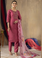 Prazu Fashion Onion Pink Roman Silk Thread Embroidered Designer Kurta Set - Distacart