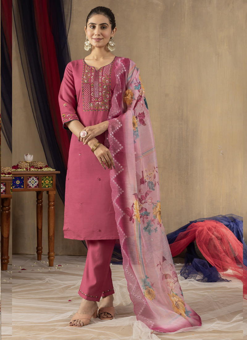 Prazu Fashion Onion Pink Roman Silk Thread Embroidered Designer Kurta Set - Distacart