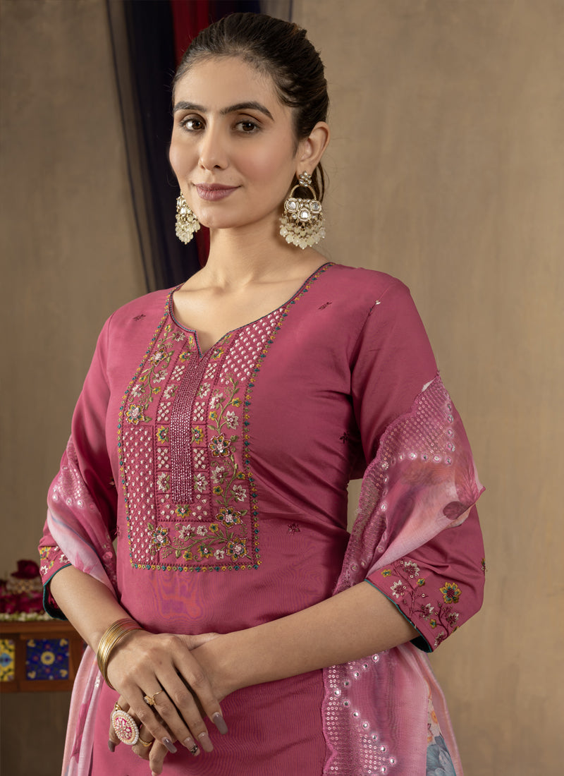 Prazu Fashion Onion Pink Roman Silk Thread Embroidered Designer Kurta Set - Distacart
