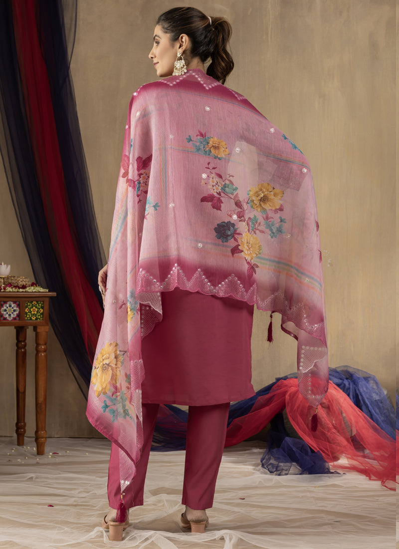 Prazu Fashion Onion Pink Roman Silk Thread Embroidered Designer Kurta Set - Distacart