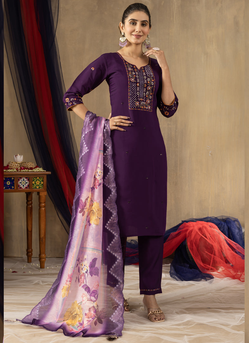 Prazu Fashion Purple Roman Silk Thread Embroidered Designer Kurta Set - Distacart