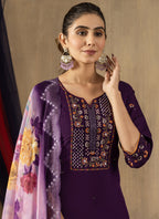 Prazu Fashion Purple Roman Silk Thread Embroidered Designer Kurta Set - Distacart