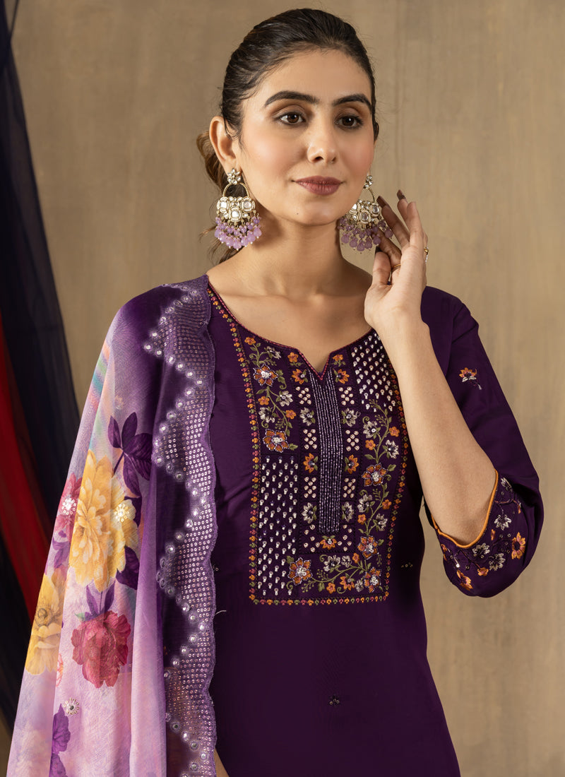 Prazu Fashion Purple Roman Silk Thread Embroidered Designer Kurta Set - Distacart