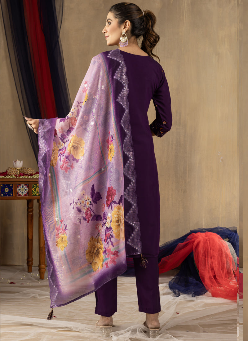 Prazu Fashion Purple Roman Silk Thread Embroidered Designer Kurta Set - Distacart