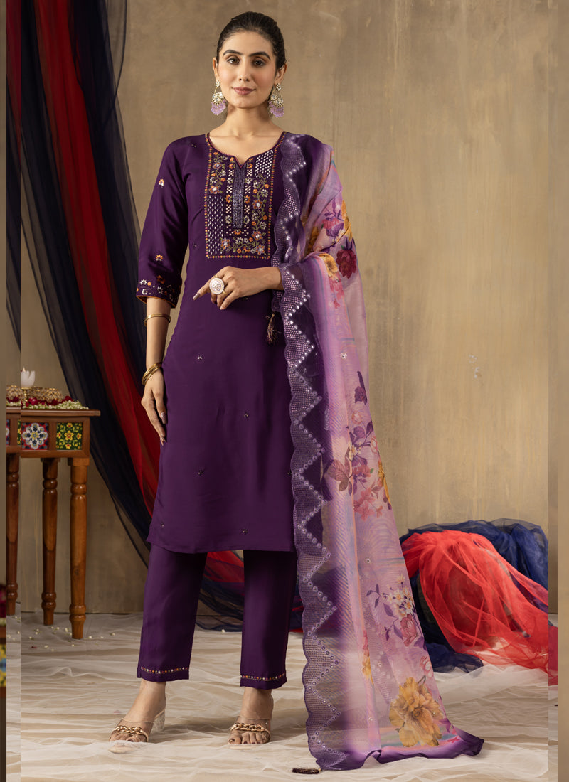 Prazu Fashion Purple Roman Silk Thread Embroidered Designer Kurta Set - Distacart