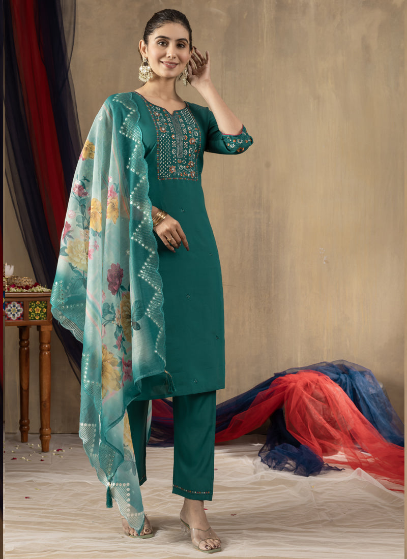 Prazu Fashion Rama Green Roman Silk Thread Embroidered Designer Kurta Set - Distacart