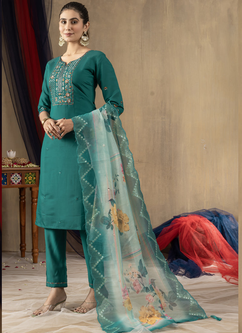Prazu Fashion Rama Green Roman Silk Thread Embroidered Designer Kurta Set - Distacart