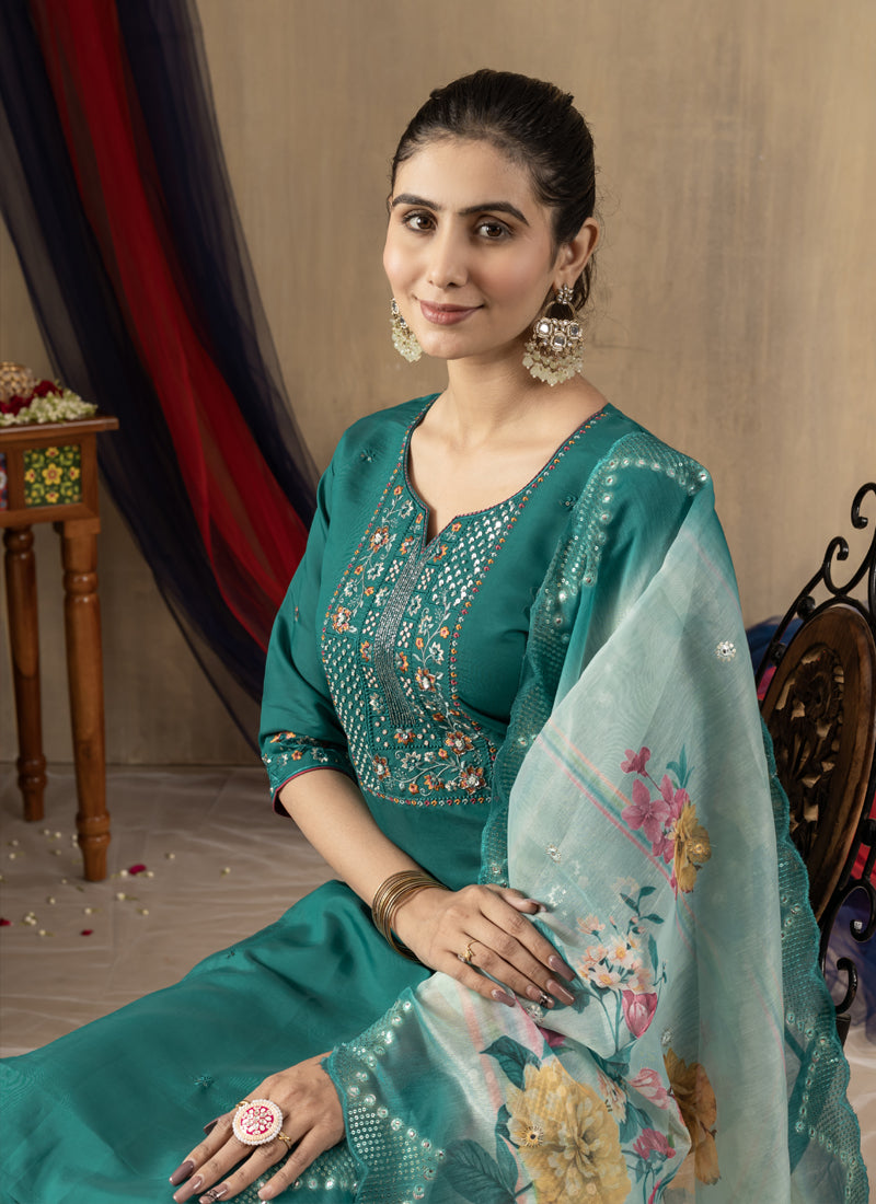 Prazu Fashion Rama Green Roman Silk Thread Embroidered Designer Kurta Set - Distacart