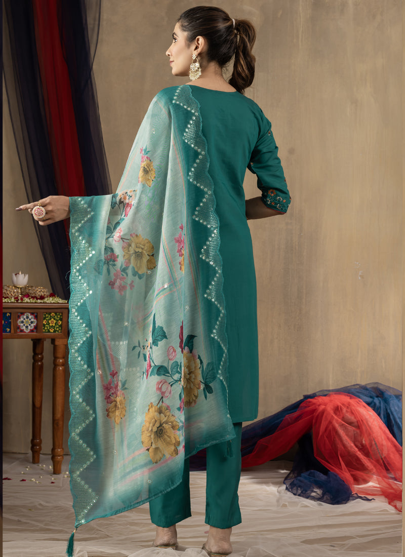 Prazu Fashion Rama Green Roman Silk Thread Embroidered Designer Kurta Set - Distacart