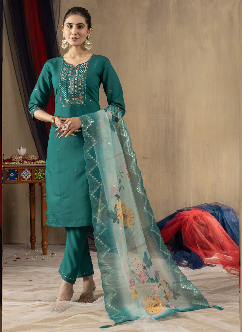 Prazu Fashion Rama Green Roman Silk Thread Embroidered Designer Kurta Set - Distacart