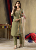 Prazu Fashion Mehendi Shimmer Gold Silk Thread Embroidered Designer Kurta Set - Distacart