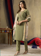 Prazu Fashion Mehendi Shimmer Gold Silk Thread Embroidered Designer Kurta Set - Distacart
