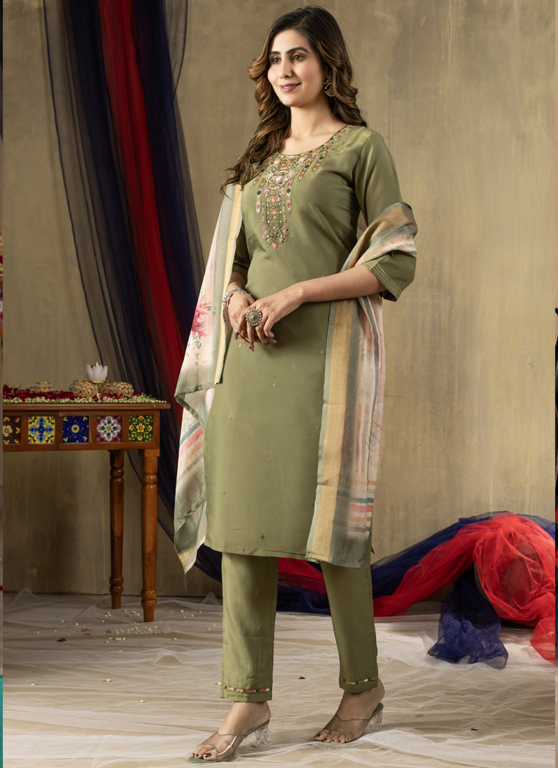 Prazu Fashion Mehendi Shimmer Gold Silk Thread Embroidered Designer Kurta Set - Distacart