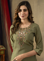 Prazu Fashion Mehendi Shimmer Gold Silk Thread Embroidered Designer Kurta Set - Distacart