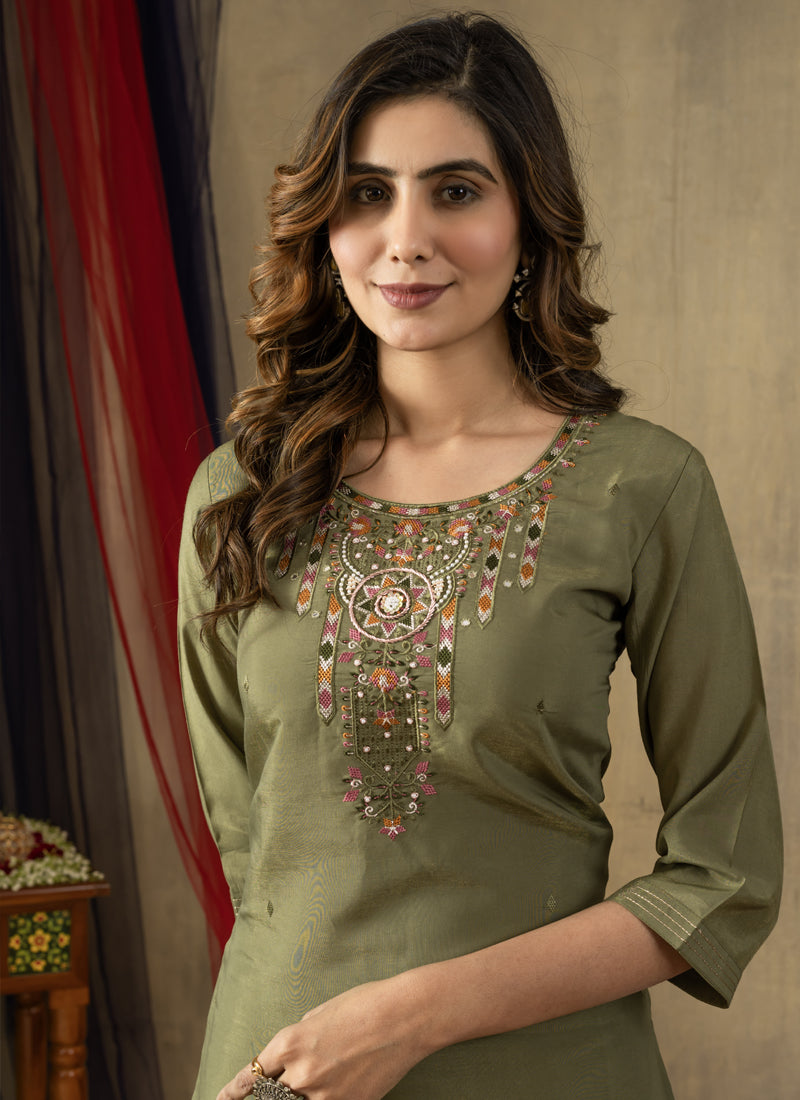 Prazu Fashion Mehendi Shimmer Gold Silk Thread Embroidered Designer Kurta Set - Distacart