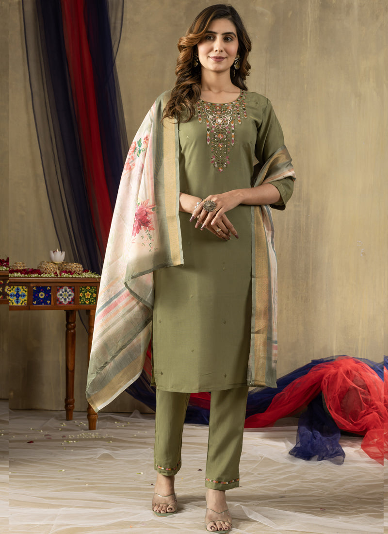 Prazu Fashion Mehendi Shimmer Gold Silk Thread Embroidered Designer Kurta Set - Distacart