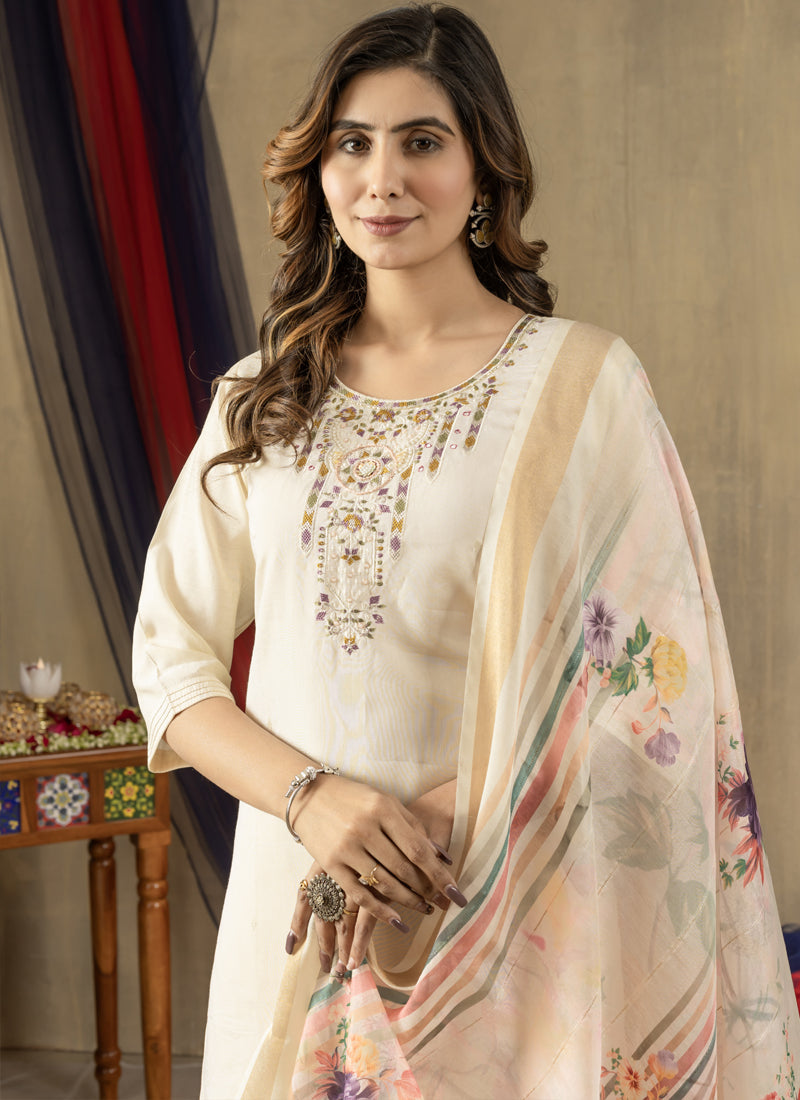 Prazu Fashion Off White Shimmer Gold Silk Thread Embroidered Designer Kurta Set - Distacart