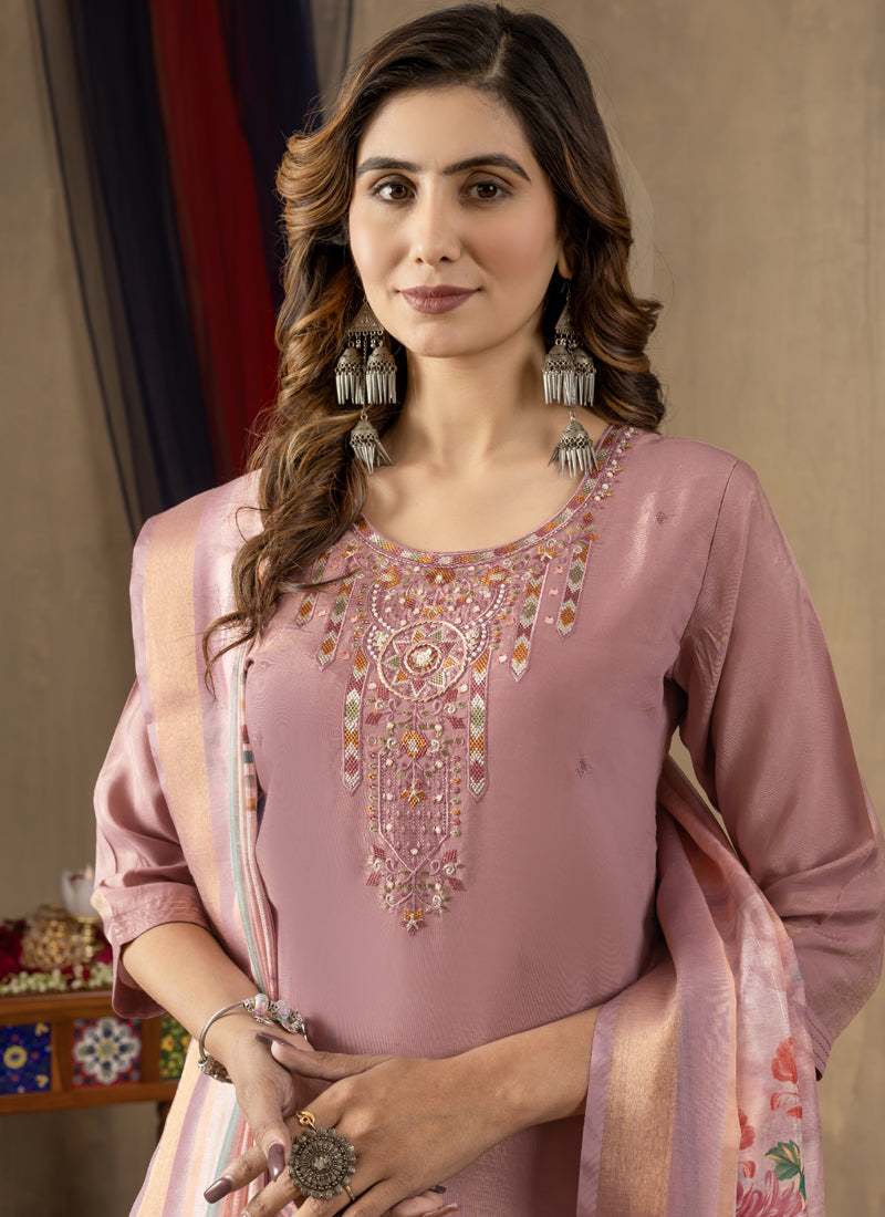 Prazu Fashion Onion Pink Shimmer Gold Silk Thread Embroidered Designer Kurta Set - Distacart