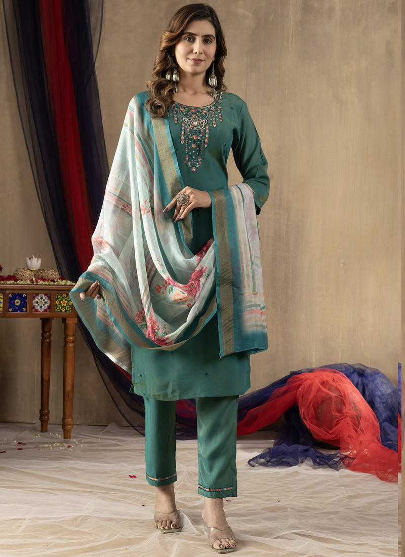 Prazu Fashion Rama Green Shimmer Gold Silk Thread Embroidered Designer Kurta Set - Distacart