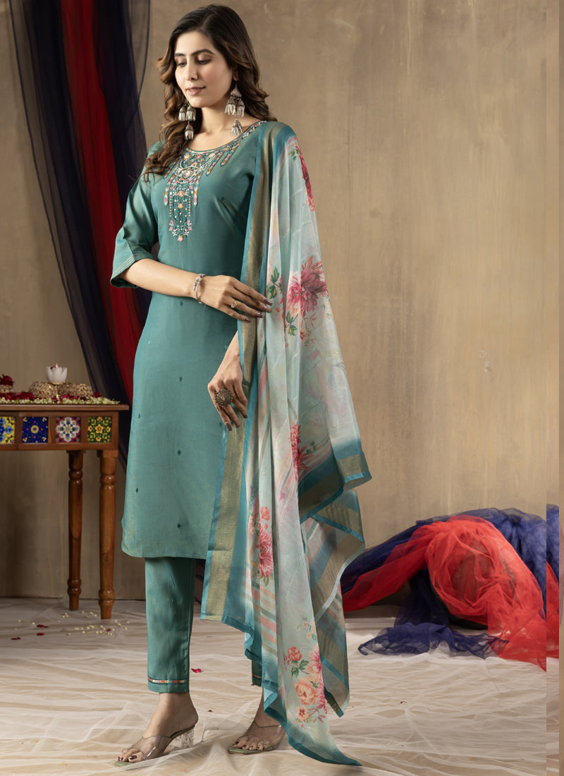 Prazu Fashion Rama Green Shimmer Gold Silk Thread Embroidered Designer Kurta Set - Distacart