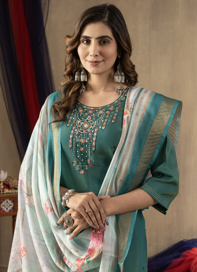 Prazu Fashion Rama Green Shimmer Gold Silk Thread Embroidered Designer Kurta Set - Distacart