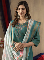 Prazu Fashion Rama Green Shimmer Gold Silk Thread Embroidered Designer Kurta Set - Distacart