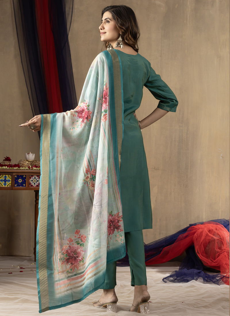 Prazu Fashion Rama Green Shimmer Gold Silk Thread Embroidered Designer Kurta Set - Distacart