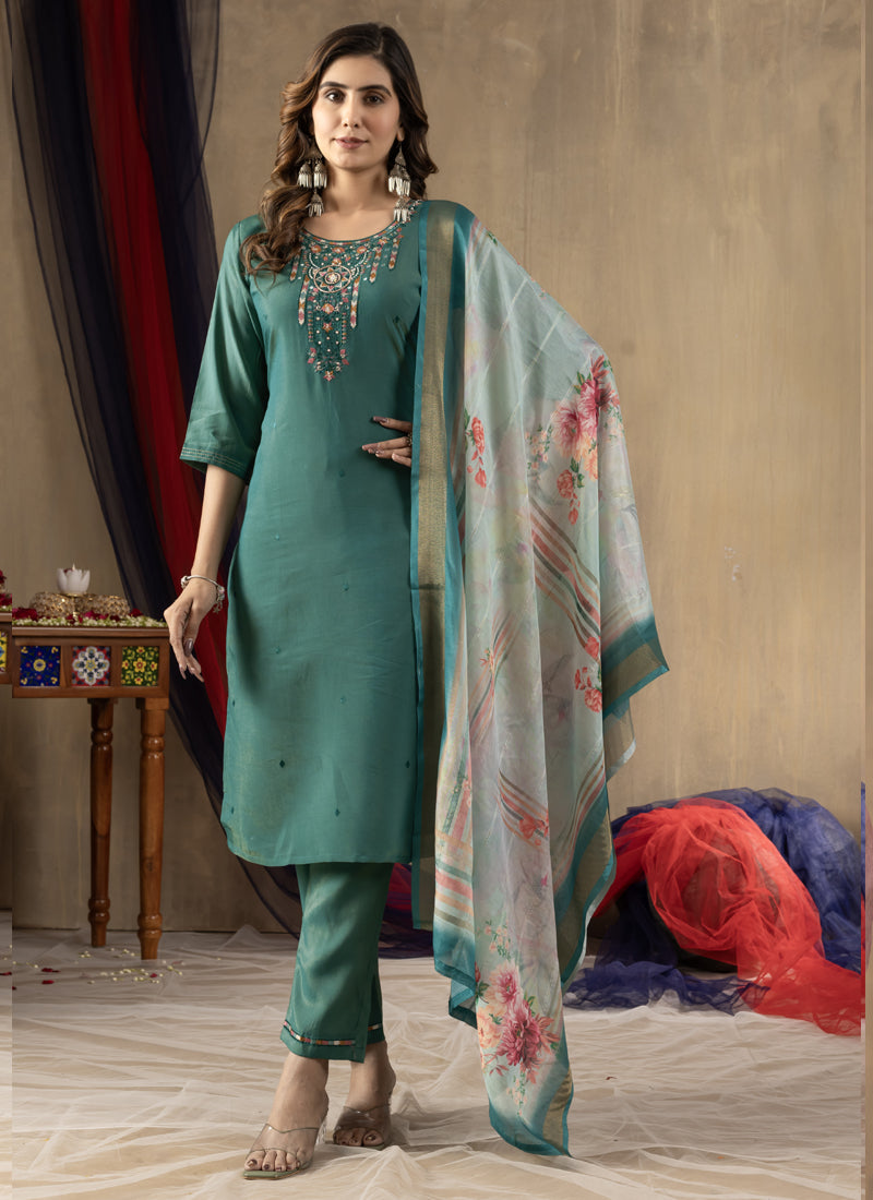 Prazu Fashion Rama Green Shimmer Gold Silk Thread Embroidered Designer Kurta Set - Distacart