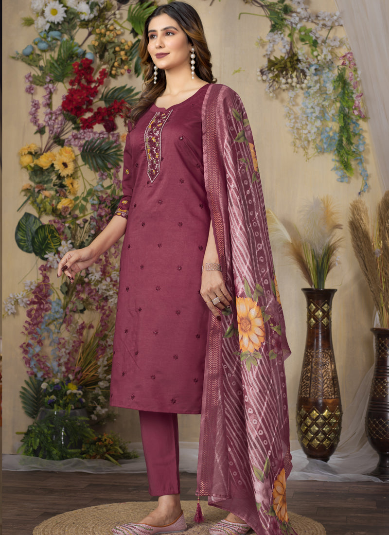Prazu Fashion Wine Roman Silk Thread Embroidered Designer Kurta Set - Distacart